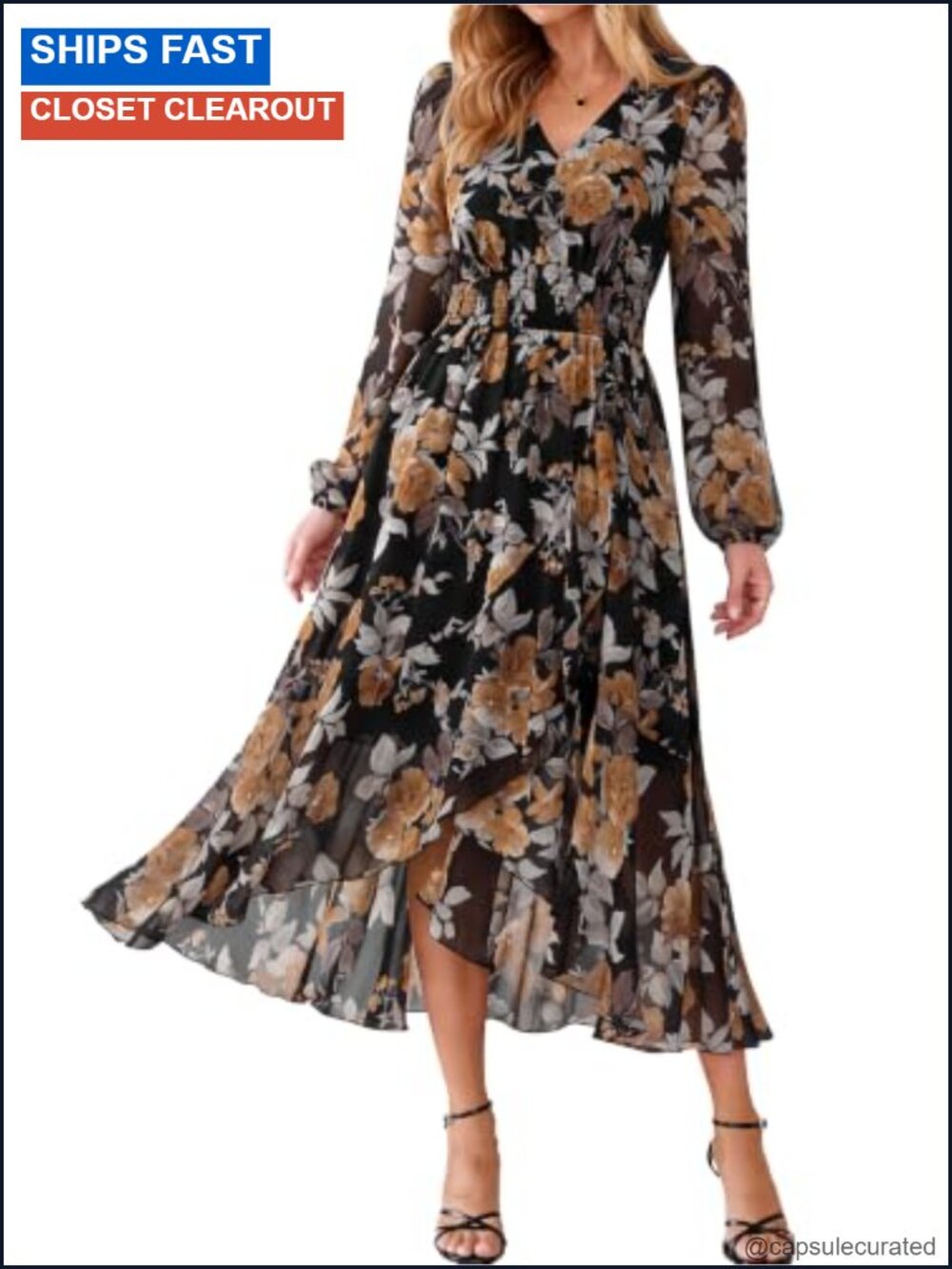 Women's Floral Chiffon High Low Maxi Dress Long Sleeve V-Neck Boho Wedding Guest